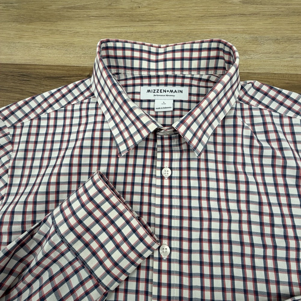 Mizzen Main Plaid Long Sleeve Shirt Trim Fit Check Plaid Performance Stretch L